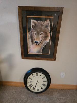 Framed Wolf Portrait & Large Wall Clock (2-Piece Lot)