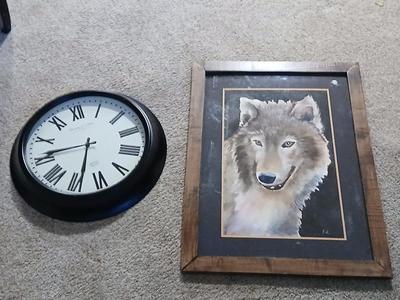 Framed Wolf Portrait & Large Wall Clock (2-Piece Lot)