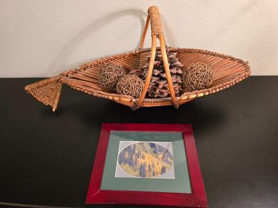 Signed Fall Foliage Aspen Print & Wicker Fish Basket Decor