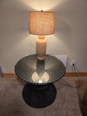 Decorative Black or dark blue Pedestal Side Table with Glass Top & 24" Table Lamp