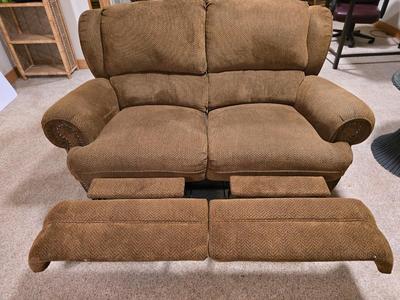 Brown Herringbone Upholstered Loveseat Recliner – Needs Repair