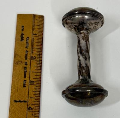 Sale Photo Thumbnail #205: Gotham Electroplate Silver Plate twisted handle baby rattle. Some tarnish from being handled but in very good condition. Approx. 4" long.