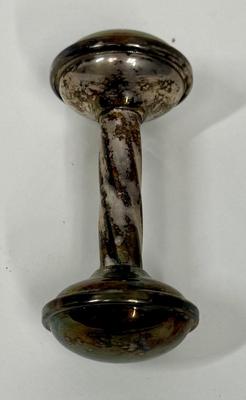 Sale Photo Thumbnail #204: Gotham Electroplate Silver Plate twisted handle baby rattle. Some tarnish from being handled but in very good condition. Approx. 4" long.