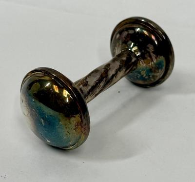 Sale Photo Thumbnail #207: Gotham Electroplate Silver Plate twisted handle baby rattle. Some tarnish from being handled but in very good condition. Approx. 4" long.