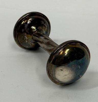 Sale Photo Thumbnail #203: Gotham Electroplate Silver Plate twisted handle baby rattle. Some tarnish from being handled but in very good condition. Approx. 4" long.