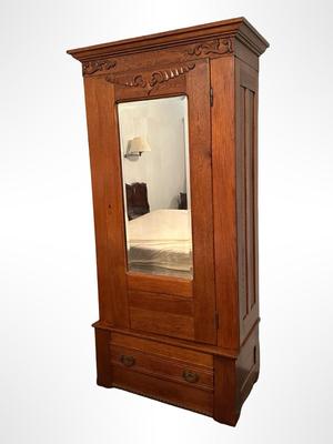Antique Oak Armoire with Beveled Mirror and Lower Drawer