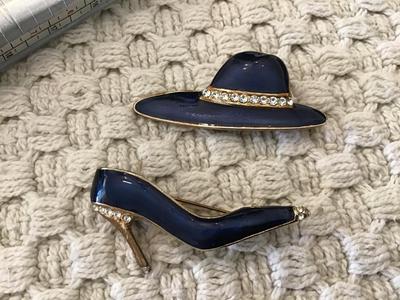 Blue Enamel Rhinestone Heel and Hat Set Brooch