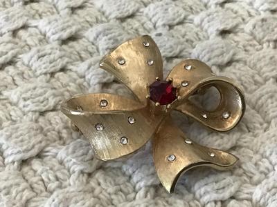Vintage Bow Brooch Red and Clear Rhinestone