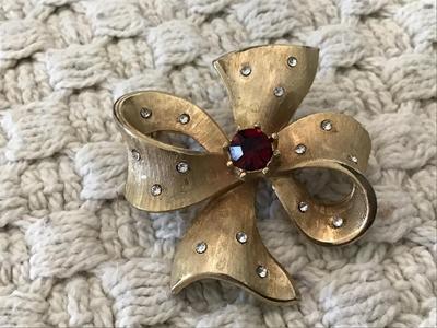 Vintage Bow Brooch Red and Clear Rhinestone