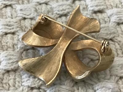 Vintage Bow Brooch Red and Clear Rhinestone