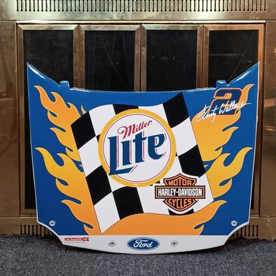 LOT 233: Miller Lite 2002 Rusty Wallace #2 Harley Davidson Nascar Hood Metal Sign
