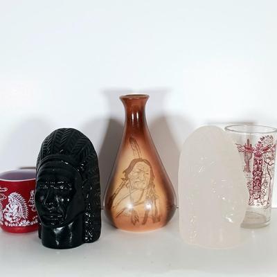 LOT 240: Glass Bookends, Hazel Atlas Child's Mug, Milk Glass Vase & Peanut Butter Drinking Glass