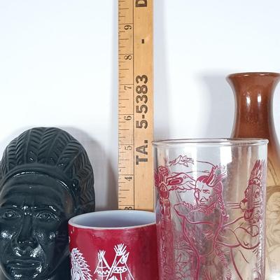 LOT 240: Glass Bookends, Hazel Atlas Child's Mug, Milk Glass Vase & Peanut Butter Drinking Glass