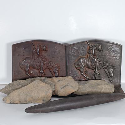 LOT 301: Pre Columbian-Style Polished Stone Chisel, Large Arrowheads & Bronze Metal Bookends