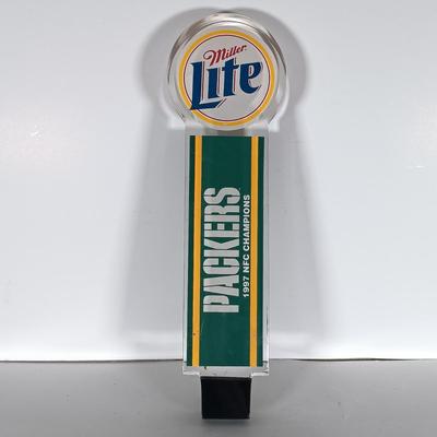 LOT 302: Vintage Beer Tap Handles - Wood Miller Lite Baseball Handle, Acrylic Miller Lite Packers Handle & More