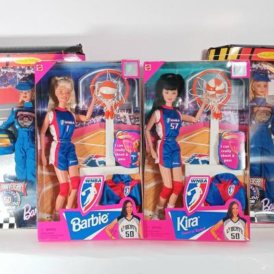 LOT 307: WNBA 1998 Rebecca Lobo Kira and Blonde Barbie with (2) Nascar 50th Anniversary 1998 Barbies