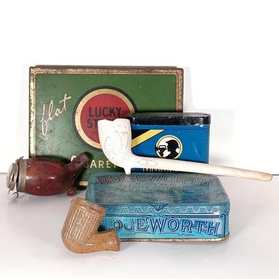 LOT 308: Civil War-Style Clay Pipe, Lidded Wooden Pipe Bowl, White Clay Pipe & Vintage Tobacco Tins