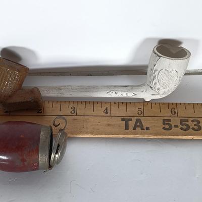 LOT 308: Civil War-Style Clay Pipe, Lidded Wooden Pipe Bowl, White Clay Pipe & Vintage Tobacco Tins