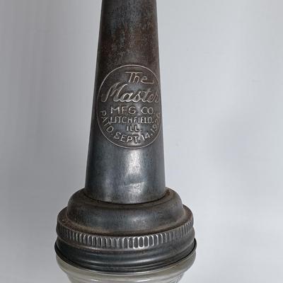 LOT 310: Huffman Glass Oil Bottle with The Master Mfg Co Metal Spout & Duraglass Glass Oil Bottle with Unmarked Metal Spout