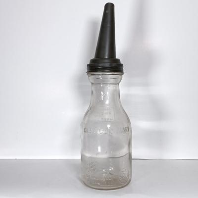 LOT 310: Huffman Glass Oil Bottle with The Master Mfg Co Metal Spout & Duraglass Glass Oil Bottle with Unmarked Metal Spout