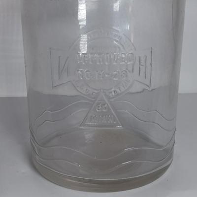 LOT 310: Huffman Glass Oil Bottle with The Master Mfg Co Metal Spout & Duraglass Glass Oil Bottle with Unmarked Metal Spout
