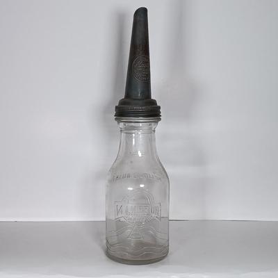 LOT 310: Huffman Glass Oil Bottle with The Master Mfg Co Metal Spout & Duraglass Glass Oil Bottle with Unmarked Metal Spout