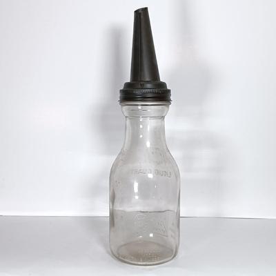 LOT 310: Huffman Glass Oil Bottle with The Master Mfg Co Metal Spout & Duraglass Glass Oil Bottle with Unmarked Metal Spout