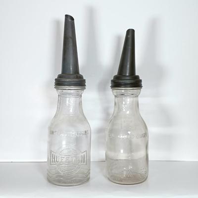 LOT 310: Huffman Glass Oil Bottle with The Master Mfg Co Metal Spout & Duraglass Glass Oil Bottle with Unmarked Metal Spout