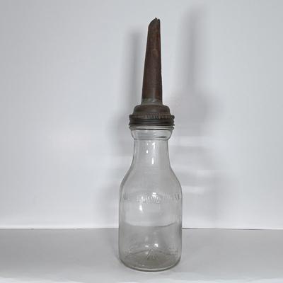 LOT 311: Set of (2) Duraglass Glass Oil Bottles with Moore and Kling Metal Spout & Dover Metal Spout