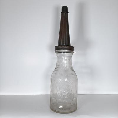 LOT 311: Set of (2) Duraglass Glass Oil Bottles with Moore and Kling Metal Spout & Dover Metal Spout