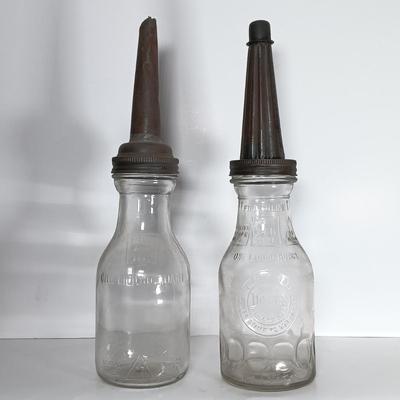 LOT 311: Set of (2) Duraglass Glass Oil Bottles with Moore and Kling Metal Spout & Dover Metal Spout