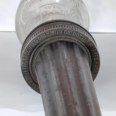 LOT 311: Set of (2) Duraglass Glass Oil Bottles with Moore and Kling Metal Spout & Dover Metal Spout