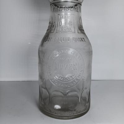 LOT 311: Set of (2) Duraglass Glass Oil Bottles with Moore and Kling Metal Spout & Dover Metal Spout
