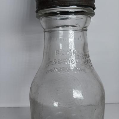 LOT 311: Set of (2) Duraglass Glass Oil Bottles with Moore and Kling Metal Spout & Dover Metal Spout