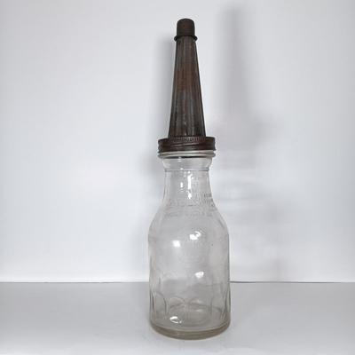 LOT 311: Set of (2) Duraglass Glass Oil Bottles with Moore and Kling Metal Spout & Dover Metal Spout