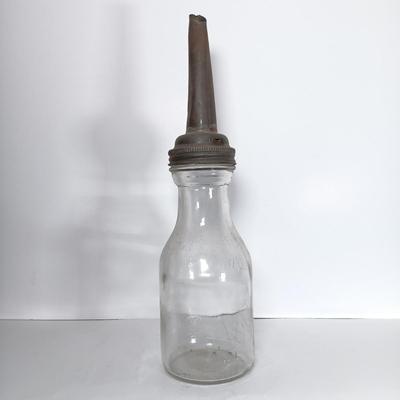 LOT 311: Set of (2) Duraglass Glass Oil Bottles with Moore and Kling Metal Spout & Dover Metal Spout