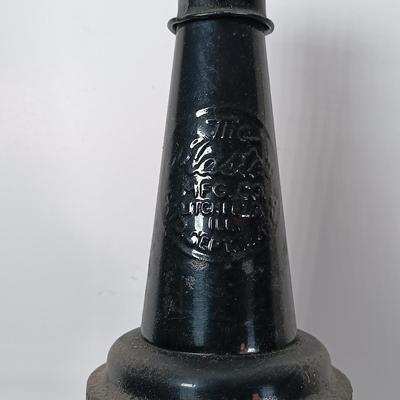 LOT 312: Set of (2) Duraglass Glass Oil Bottles, (2) The Master Mfg Co Metal Spouts & an Unmarked Metal Spout