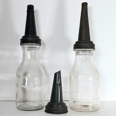 LOT 312: Set of (2) Duraglass Glass Oil Bottles, (2) The Master Mfg Co Metal Spouts & an Unmarked Metal Spout