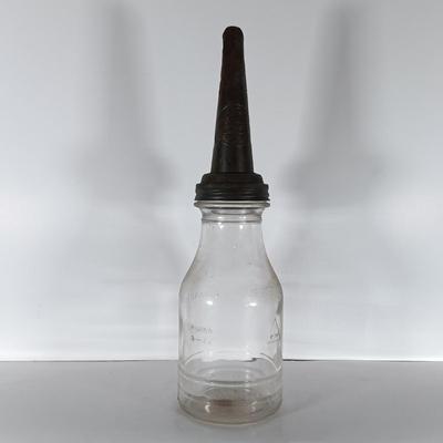 LOT 312: Set of (2) Duraglass Glass Oil Bottles, (2) The Master Mfg Co Metal Spouts & an Unmarked Metal Spout