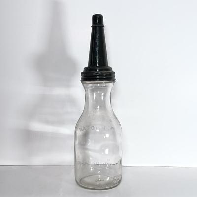 LOT 312: Set of (2) Duraglass Glass Oil Bottles, (2) The Master Mfg Co Metal Spouts & an Unmarked Metal Spout