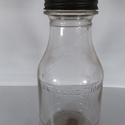 LOT 312: Set of (2) Duraglass Glass Oil Bottles, (2) The Master Mfg Co Metal Spouts & an Unmarked Metal Spout