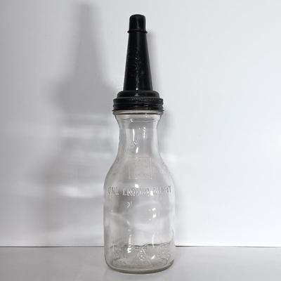 LOT 312: Set of (2) Duraglass Glass Oil Bottles, (2) The Master Mfg Co Metal Spouts & an Unmarked Metal Spout