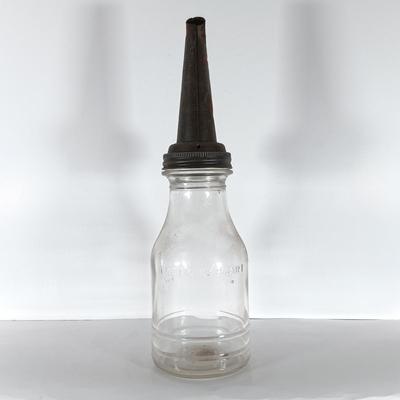 LOT 312: Set of (2) Duraglass Glass Oil Bottles, (2) The Master Mfg Co Metal Spouts & an Unmarked Metal Spout