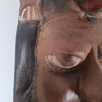 LOT 313: Carved Wood Indigenous Mask Art, Skookum Doll & Faux Marble Bill O'Neill Etched Art 1981