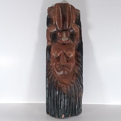 LOT 313: Carved Wood Indigenous Mask Art, Skookum Doll & Faux Marble Bill O'Neill Etched Art 1981