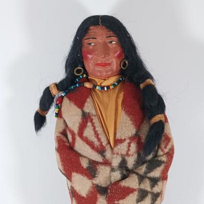 LOT 313: Carved Wood Indigenous Mask Art, Skookum Doll & Faux Marble Bill O'Neill Etched Art 1981