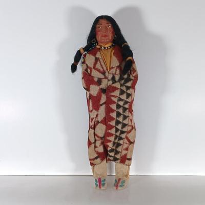 LOT 313: Carved Wood Indigenous Mask Art, Skookum Doll & Faux Marble Bill O'Neill Etched Art 1981