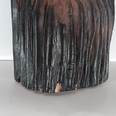 LOT 313: Carved Wood Indigenous Mask Art, Skookum Doll & Faux Marble Bill O'Neill Etched Art 1981