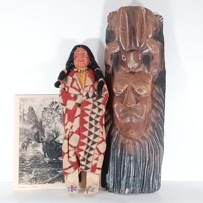 LOT 313: Carved Wood Indigenous Mask Art, Skookum Doll & Faux Marble Bill O'Neill Etched Art 1981