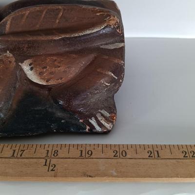 LOT 313: Carved Wood Indigenous Mask Art, Skookum Doll & Faux Marble Bill O'Neill Etched Art 1981